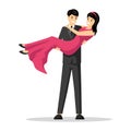 Man carrying woman flat vector illustration. Happy boyfriend in suit holding girlfriend in evening gown cartoon