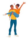 Man carrying woman. Happy smiling joyful black couple. Isolated vector illustration.