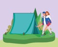 Man carrying woman tent camping outdoors scene