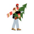 Man carrying Xmas tree for winter holidays. Happy character preparing festive decoration for Christmas. Person going