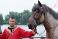 Man with carthorse preparing to performance during Day of Kiev holiday Royalty Free Stock Photo