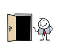 Man in cartoon business suit stands near open door and invites you to come into the house. Vector illustration of Royalty Free Stock Photo