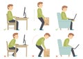 Man cartoon character. Correct and Incorrect Activities Posture in Daily Routine - Sitting and Working with a Computer