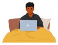 Man cartoon character using laptop computer for distance work, studying or rest in home bed Royalty Free Stock Photo