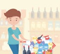 Man cartoon with full cart in supermarket food excess purchase