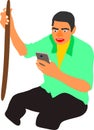 Man cartoon watching smart phone holding sticks on hand