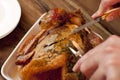 Man carving a delicious brown roast chicken