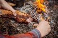 Man carving grilled rabbit meat in forest camp. Top view.