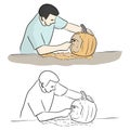 Man carving pumpkin for Halloween on table vector illustration sketch doodle hand drawn with black lines isolated on white Royalty Free Stock Photo