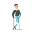 Man With The Cast Walking With Crouches Smiling, Hospital And Healthcare Illustration