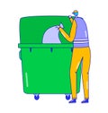 Man in casual clothing recycles paper, throwing it in green bin. Eco-friendly behavior, recycling waste. Sustainable
