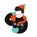 Man with cat. Boy in winter sweater hold cat on shoulders. Pets lover illustration. Animal friends concept