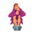 Man Catch Cold, Sick Coughing Guy Sitting under Cozy Plaid Heating his Feet in Basin with Hot Water Cartoon Vector