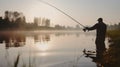 Man catching fish, pulling rod while fishing from lake or pond. Fisherman with rod, spinning reel on river bank. Sunrise. Royalty Free Stock Photo