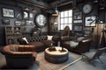Man Cave: Capture a set of images that showcase a masculine, industrial - themed man cave. Generative AI
