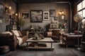 Man Cave: Capture a set of images that showcase a masculine, industrial - themed man cave. Generative AI