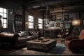 Man Cave: Capture a set of images that showcase a masculine, industrial - themed man cave. Generative AI