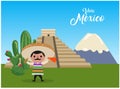 Man celebrating at the pyramid. Mexico independence day celebration horizontal banner. Text in Spanish - Long live Mexico