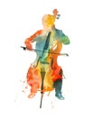 man with cello instrument expressive watercolor hand drawn illustration isolated on white background