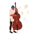 Man with cello instrument, male player, street musician of jazz band holding bass viol Royalty Free Stock Photo