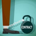 Man chained to the weight with the word contract. Stock i