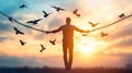 Man on chains, freedom, birds flying, sunset sky Royalty Free Stock Photo