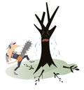 Man with chainsaw and crying tree illustration