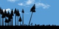 Clear cutting forests, use or abuse of natural resources is the topic of this illustration. Silhouetted trees, one being cut down
