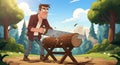 Cartoon lumberjack using chainsaw to cut a log in a forest Royalty Free Stock Photo