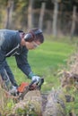 Man chainsawing tree trunk Royalty Free Stock Photo