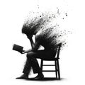 A man on a chair reading a book, with his head dissolving into fine particles or splashes, symbolizing loss of oneself in thought