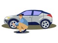 A man changes the wheel of a car. Tire service. In minimalist style. Cartoon flat Royalty Free Stock Photo