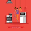 Man changing lamp bulb in kitchen vector illustration. Do it yourself home repair concept