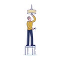 Man changing light bulb in ceiling lamp while standing on stool on white background