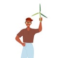 Man Character Caring about Planet and Saving Ecosystem with Wind Generator Vector Illustration