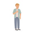 Man Character in Casual Jeans and Shirt Standing and Showing Thumb Up Vector Illustration