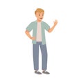 Man Character in Casual Jeans and Shirt Standing and Waving Hand for Greeting Vector Illustration