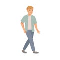 Man Character in Casual Jeans and Shirt Walking Moving Legs and Arms Vector Illustration