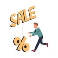 Man Character Chasing After Discount Percentage Sign on Hook Vector Illustration