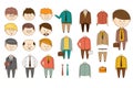 Man character constructor. Funny faces with various emotions. Bodies in different outfits. Flat vector