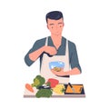 Man Character Cooking at Home Making Salad in Bowl Standing at Table Vector Illustration