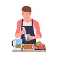 Man Character Cooking at Home Standing at Table Mixing Sauce in Cup Vector Illustration