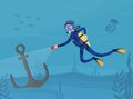 Man Character in Diving Suit and Goggles Swimming Underwater Finding Anchor Vector Illustration