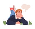 Man Character Dreaming Imagining and Fantasizing Having Spontaneous Thought in Bubble Lying on Grass Vector Illustration