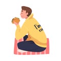 Man Character Eating Food at Home Sitting on the Floor with Stuffed Tortilla Vector Illustration