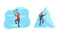 Man Character Engaged in Extreme Sport Climbing Mountain Vector Set