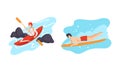 Man Character Engaged in Extreme Sport Kayaking and Surfboarding Vector Set