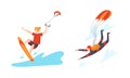 Man Character Engaged in Extreme Sport Windsurfing and Skydiving Vector Set Royalty Free Stock Photo