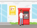 Man Character Getting Cash and Making Payment with ATM Machine Vector Illustration