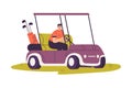 Man Character Golf Playing Ride Car with Golf Clubs on Green Grass Vector Illustration Royalty Free Stock Photo